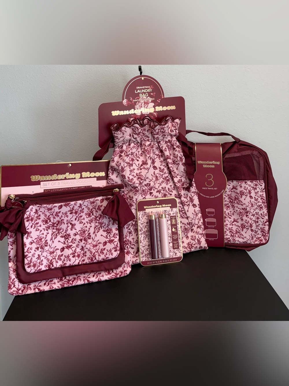 Wandering Moon | Wine Floral Packing Cube Travel Set (9)